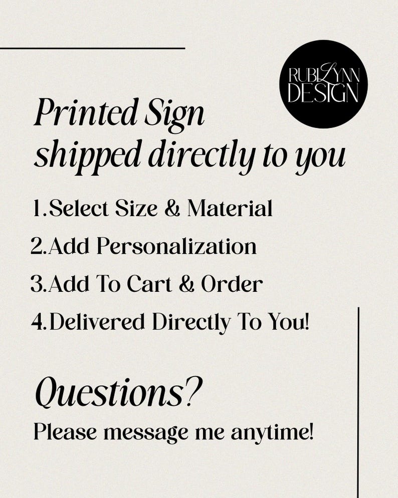 Pu&ograve; includere: Grafica color crema con la scritta "Printed Sign shipped directly to you". Le istruzioni includono la selezione di dimensioni e materiali, l'aggiunta di personalizzazione e l'ordine. Un logo circolare nero recita "RUBIZYNN DESIGN".