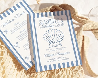 Beach Bachelorette Invitation Template, Seashells and Wedding Bells Bachelorette Itinerary, Coastal Last Toast Digital Invite Canva SS