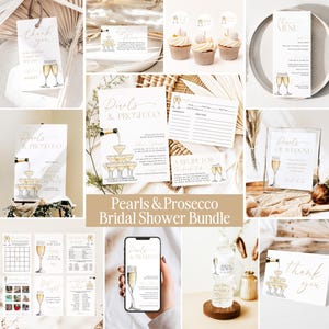 Pearls & Prosecco Bridal Shower Invite Bundle, Pearls and Prosecco Bridal Shower Games, Gold Pearls Champagne Tower, Editable Templates, P7