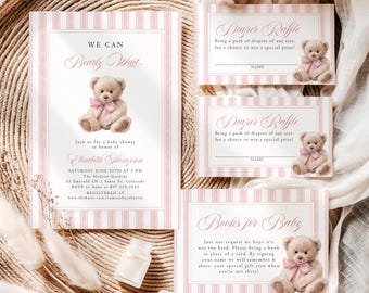 Teddy Bear Baby Shower Invitation Bundle We Can Bearly Wait Invite Pink Coquette Bow Teddy Bear Editable Template Instant Download PW