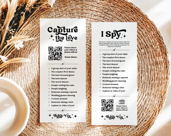 Jogo de Caça ao Tesouro Fotográfica "Capture o Amor" para Casamento - Cartão "Eu Espio" - Jogo de Casamento - Placa com Código QR para Fotos de Casamento - Placa de Casamento Retrô - Cartão de Casamento
