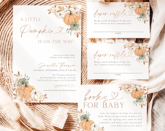 Herfst babyshower uitnodigingsbundel, pompoen babyshower uitnodiging, boho babyshower uitnodiging, een beetje pompoen is onderweg neutraal uitnodigen G5
