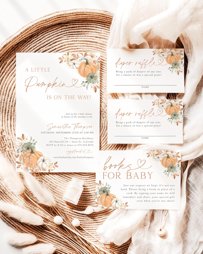 May include: Baby shower invitation set with a pumpkin theme. The invitation features the text "A Little Pumpkin is on the Way!" and includes details for the event. Coordinating cards for diaper raffle and books for baby are also included.