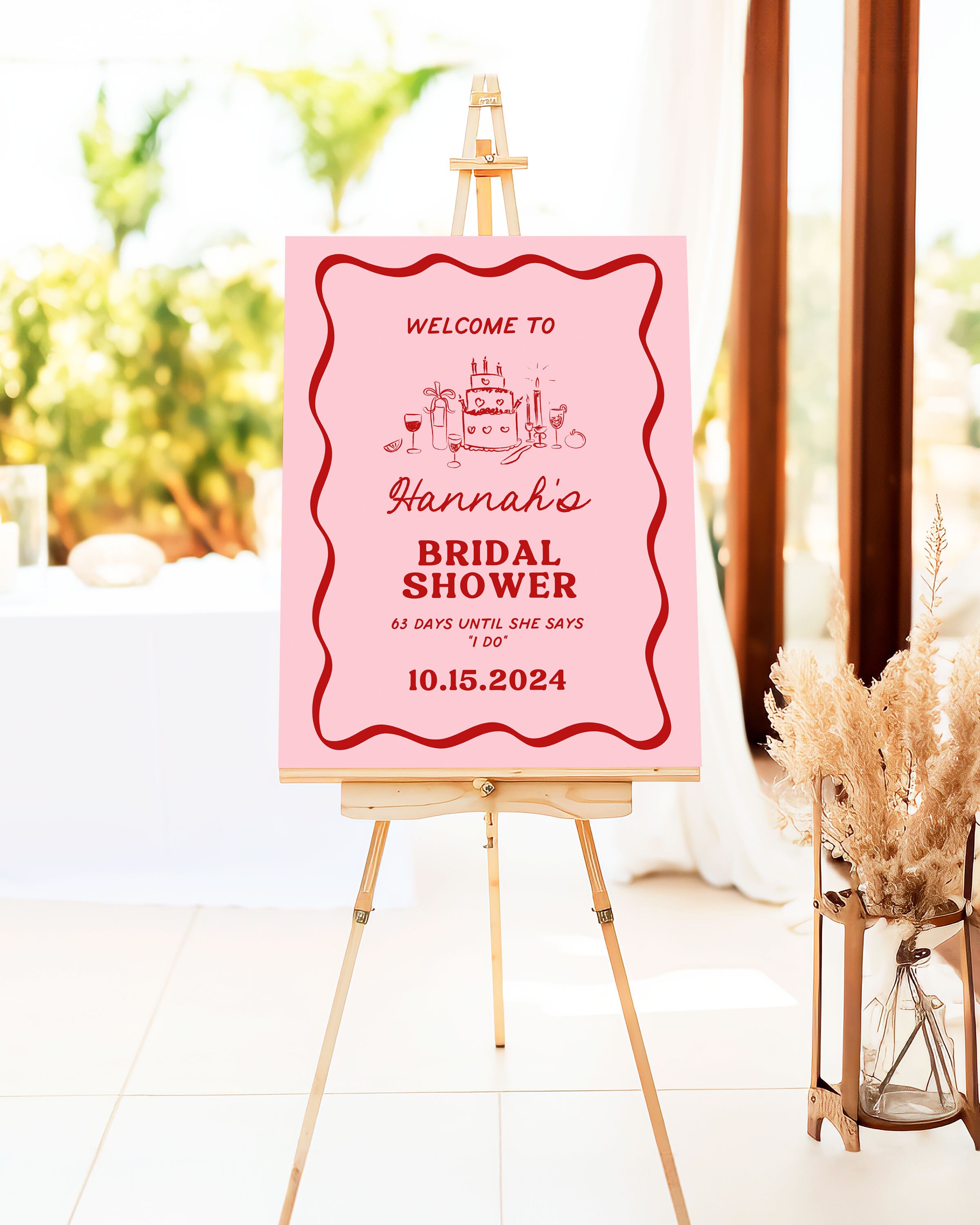 Pink Red Wavy Border Bridal Shower Sign Template, DIY Editable Hand ...