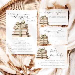 May include: Baby shower invitation and inserts with a stack of books tied with a sage green ribbon. The invitation reads "A New Chapter Begins" and includes event details. Diaper raffle and book request cards are also included.