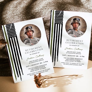 May include: A white invitation with a black and green American flag design. The invitation is for a retirement celebration in honor of Jackson Calloway. The invitation includes the date, time, and location of the event.