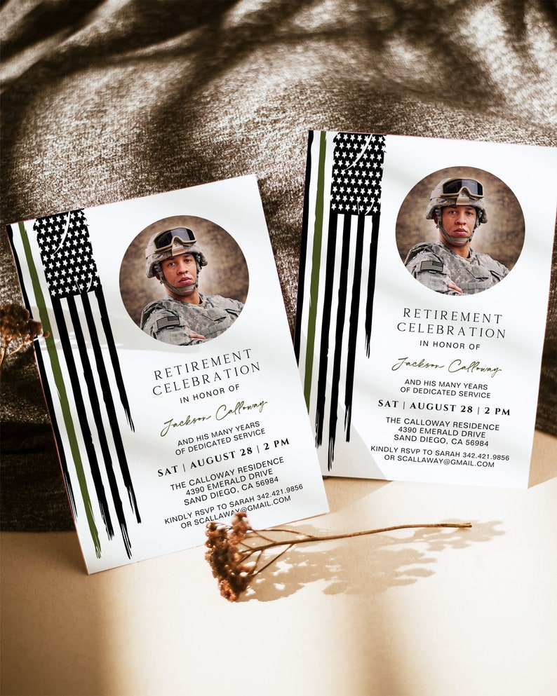 May include: A white invitation with a black and green American flag design. The invitation is for a retirement celebration in honor of Jackson Calloway. The invitation includes the date, time, and location of the event.