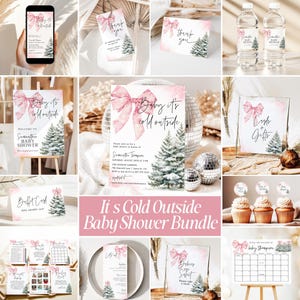 Puede incluir: Un conjunto de papelería para baby shower con temática invernal. Los diseños presentan un lazo rosa, un árbol de Navidad en acuarela y la frase "Baby it's cold outside". Incluye invitaciones, tarjetas de agradecimiento y adornos para cupcakes.