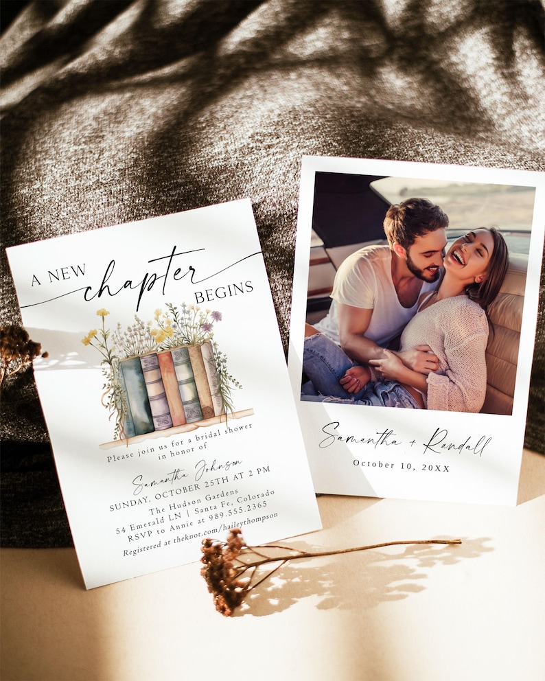 May include: A wedding invitation with a watercolor illustration of a stack of books and flowers. The text reads "A new chapter begins" and includes the couple's names, Samantha and Randall, the date of the wedding, October 10, 20XX, and the location of the wedding, The Hudson Gardens.