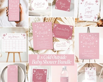 May include: A baby shower stationery bundle featuring a pink and white snowflake theme. Items include invitations, signs, buffet cards, thank you tags, a diaper raffle card, a book request card, a calendar, and a water bottle label.