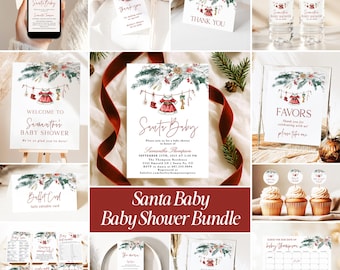 May include: A festive baby shower bundle with a 'Santa Baby' theme. The set includes invitations, thank you cards, and various signage. The design incorporates red and green colours with seasonal illustrations, perfect for a winter baby shower.