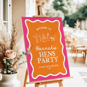 Orange and Pink Hens Party Welcome Sign Template Wavy Border Bachelorette Poster Editable Whimsical Retro Hand Drawn Doodle Bridal Shower H9