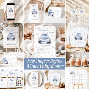 Pode incluir: Uma coleção de decorações para chá de bebé com tema de inverno. Os designs apresentam uma pilha de livros amarrados com uma fita azul, flocos de neve e o texto "A New Chapter Begins". Inclui convites, letreiros e toppers de cupcake.
