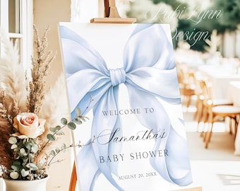 Blue Bow Baby Shower Welcome Sign Blue Coquette Bow Baby Shower Welcome Sign Custom Boy Baby Shower Welcome Poster Printed + Shipped X2