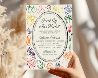 Modello di invito per addio al nubilato "Off The Market", invito per mercato contadino disegnato a mano e modificabile, inviti per brunch nuziale scritti a mano e stampabili, F1