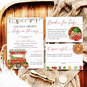 Locally Grown Baby Shower Invitation Bundle, DIY Editable Farmers Market Vegetables Invites, Organic Country Gender Neutral Invite Set FM