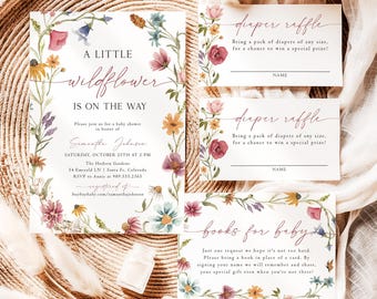 May include: A baby shower invitation set featuring watercolor wildflower illustrations. The main card reads A LITTLE wildflower IS ON THE WAY, with two diaper raffle cards and one books for baby card, all decorated with colorful floral borders.