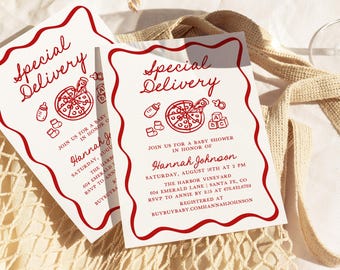 Special Delivery Baby Shower Invitation Template, Editable Italian Pizza Baby Shower Invite, DIY Slice Slice Baby Shower Invites, SD