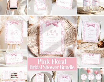 Pink Toile Bridal Shower Bundle Vintage Floral Coquette Bow Bridal Brunch Invitation French Chinoiserie Signs + Games Editable Template T5
