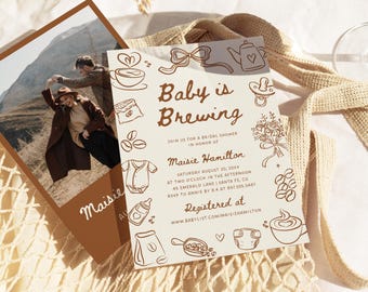 Invitación para baby shower con diseño de granos de café dibujados a mano, plantilla editable escrita a mano C8