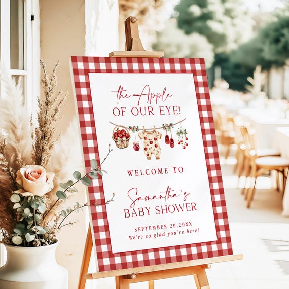 Apple Baby Shower Welcome Sign, The Apple of Our Eye Baby Shower, Red Plaid Baby Shower Welcome Poster, Printed and Shipped AP