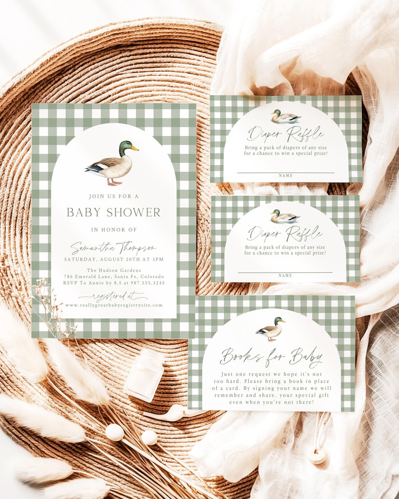 Mallard Baby Shower Invitation Bundle Green Plaid Duck Baby Shower Invite Duck Hunting Shower Games Editable Template Instant Download MD image 2