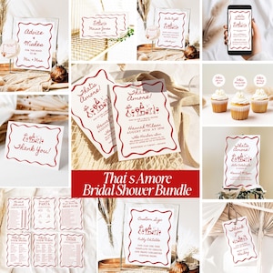 May include: A bridal shower stationery bundle featuring a red wavy border and wine-themed illustrations. Includes invitation cards, thank you notes, advice cards, game sheets, and signage with text such as That's Amore and Advice & Wishes.