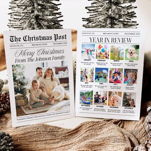 Sjabloon voor moderne kerstkaarten, afdrukbare minimalistische krant kerstkaart foto nieuwjaarskaart, The Christmas Post, jaaroverzicht MC