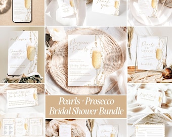 May include: A bridal shower stationery bundle featuring a Prosecco and pearls theme. The collection includes invitations, thank you cards, welcome signs, recipe cards, and game sheets, all decorated with a champagne flute and pearl strings.