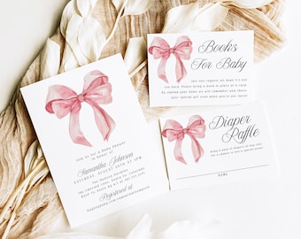 May include: A pink and white baby shower invitation with a pink bow and the text "Join us for a Baby Shower in honor of Samantha Johnson Saturday, August 20th at 3PM The Hudson Gardens The Emerald Lane, Santa Fe, Colorado RSVP to Annie bg 4.5 at 987.555.3245 Registered at bugbogbaby.com/samanthathompson" and a separate card with the text "Books for Baby Just one request we hope it's not too hard. Please bring a book in place of a card. By signing your name we will remember and share your special gift even when you're not there!" and a third card with the text "Diaper Raffle Bring a pack of diapers of any size for a chance to win a special prize! NAME"