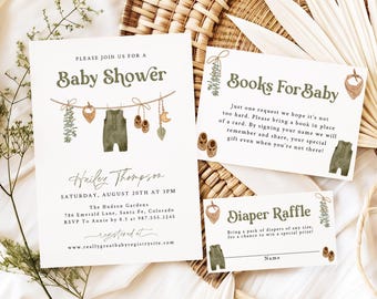 Boy Baby Shower Invitation Template, Digital Baby Shower Invites, Sage Green Baby Invite, Boho Gender Neutral Bundle, Editable Template, Z1