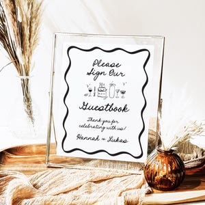 Guestbook Table Sign Template, Quirky Hand Drawn Illustration Wedding DIY Editable French Whimsical Doodle Party Signs Bridal Baby Shower PR
