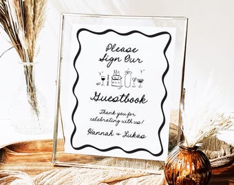 Guestbook Table Sign Template, Quirky Hand Drawn Illustration Wedding DIY Editable French Whimsical Doodle Party Signs Bridal Baby Shower PR