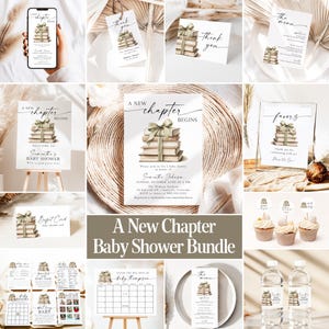 Storybook Baby Shower Bundle New Chapter Begins Baby Shower Book themed Baby Shower Green Bow Baby Shower Decor New Tale Shower Games GB