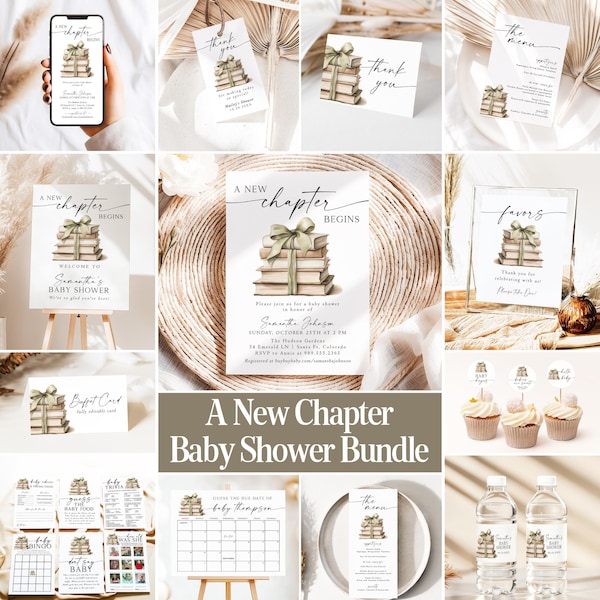 Storybook Baby Shower Bundle New Chapter Begins Baby Shower Book themed Baby Shower Green Bow Baby Shower Decor New Tale Shower Games GB