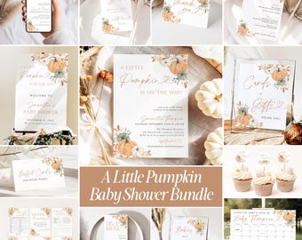 May include: A baby shower stationery bundle featuring a pumpkin and floral theme with copper-colored text. Includes invitations, menu cards, thank you tags, buffet cards, cupcake toppers, games, and a calendar sign for a baby shower event.