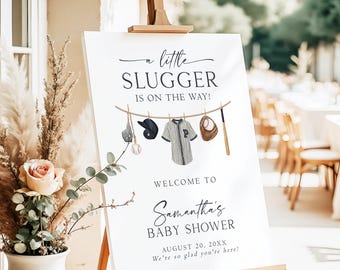 Panneau de bienvenue de baby shower de baseball, un petit cogneur est sur le chemin, Shower de bébé de baseball, signe de baby shower de garçon, modèle modifiable, LS