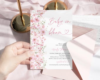 Rosa Schleife Baby in Bloom-Babyparty-Einladung Blush-Blumen-Dusche einladen Blumenmädchen-Baby Sprinkle bearbeitbare Vorlage Sofort-Download P2