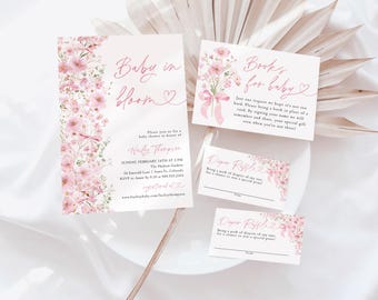 Invito per baby shower "Baby in Bloom" con fiocco rosa, invito floreale per baby shower per bambina, fiori primaverili, modello stampabile e modificabile, download immediato P2