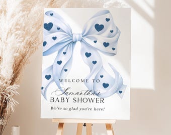 Blue Bow Baby Shower Welcome Sign Coquette Valentine's Day Poster Little Sweetheart On The Way Hearts Entrance Sign Printed + Shipped BV