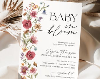 Invitación para baby shower con temática de flores silvestres, invitación para baby shower "Baby In Bloom", invitación imprimible para baby shower floral de primavera, plantilla editable, P6
