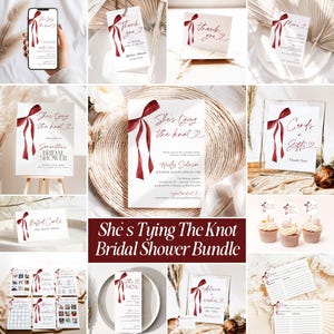 She’s Tying The Knot Bridal Shower Invite Bundle Maroon Bow Bridal Shower Minimalist Burgundy Bridal Shower Games Editable Template MB