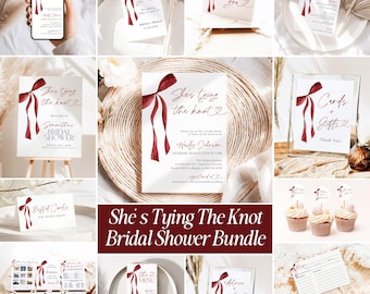 She’s Tying The Knot Bridal Shower Invite Bundle Maroon Bow Bridal Shower Minimalist Burgundy Bridal Shower Games Editable Template MB