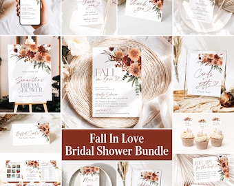 May include: A bridal shower stationery bundle featuring a fall-themed floral design with rust, orange, and brown flowers. The set includes invitations, menu cards, thank you tags, signage for cards and gifts, advice cards, and recipe cards.