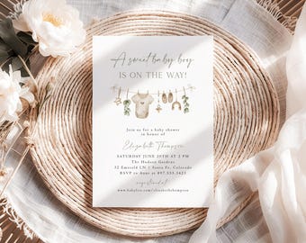 Boy Baby Shower Invitation Template Boho Sweet Baby Boy Invites Green Gender Neutral Invite Baby Sprinkle Editable Template BB