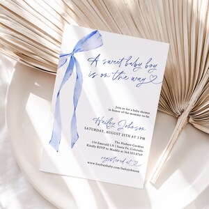 Minimalist Baby Shower Invitation Template, DIY Editable Blue Bow Gender Reveal Invites, Printable Whimsical Ribbon Birthday Party Invite LB