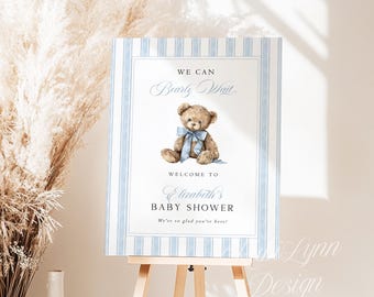 Printed + Shipped Teddy Bear Baby Shower Welcome Sign We Can Bearly Wait Entrance Poster Light Blue Stripes Welcome Sign Coquette Bow B6