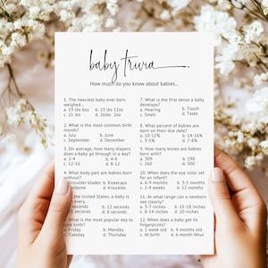 Juego de trivia para baby shower, juego moderno de trivia para baby shower, juego minimalista para baby shower, plantilla editable, tamaño A1