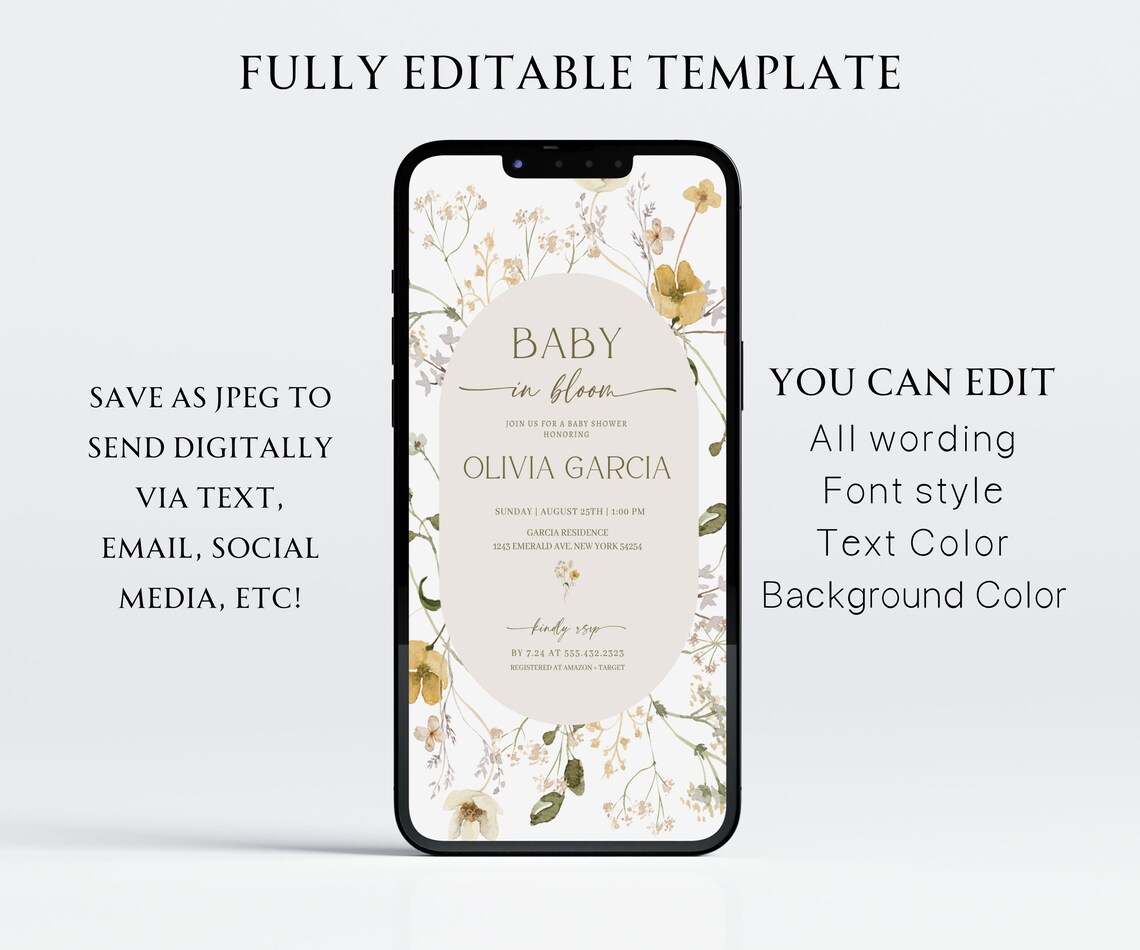 Baby Shower Evite Wildflower Baby Shower Electronic Invite Etsy