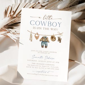 Cowboy Baby Shower Invitation Template, A little Cowboy Is On The Way Invite, Cowboy Clothesline Baby Shower, Dusty Blue Wild Western, LC1